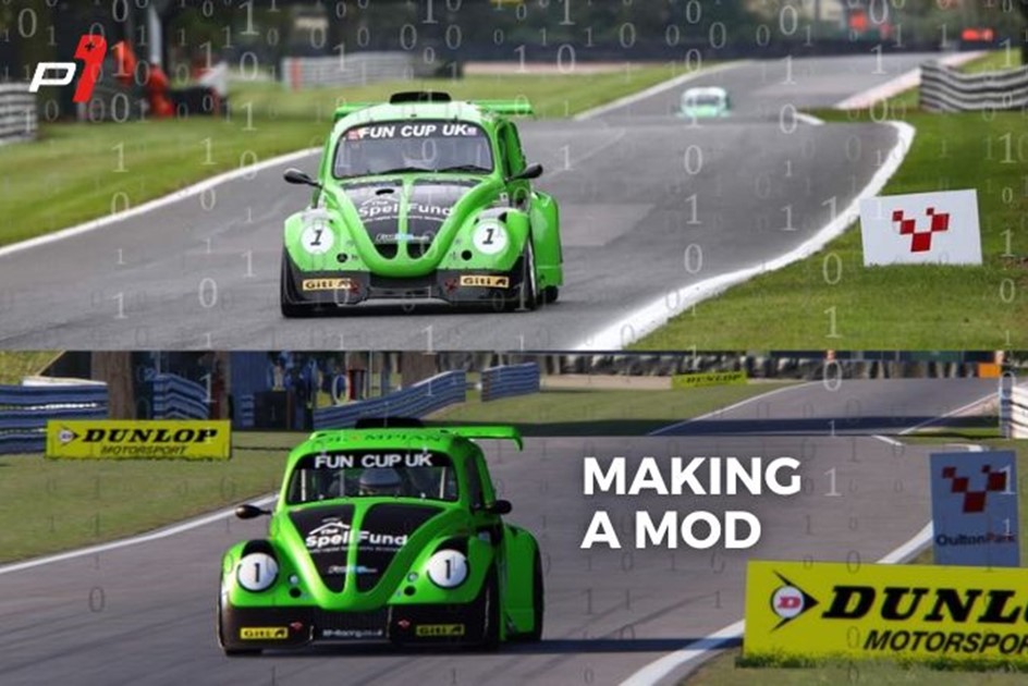 A Fun Cup race car on track at Oulton Park and the RaceDepartment mod on Assetto Corsa