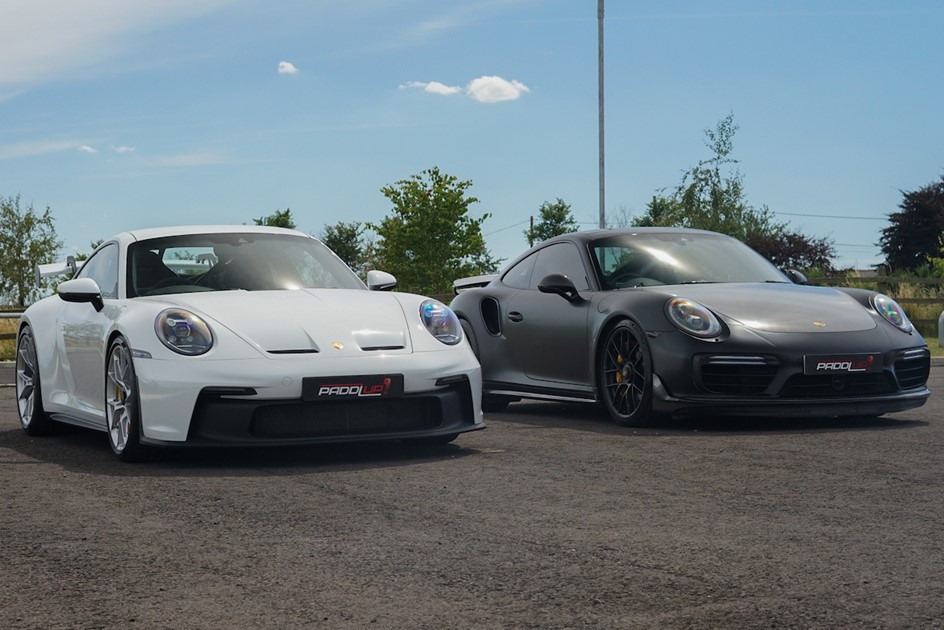 A side by side shot of the Porsche 991.2 Turbo S and the 992 GT3