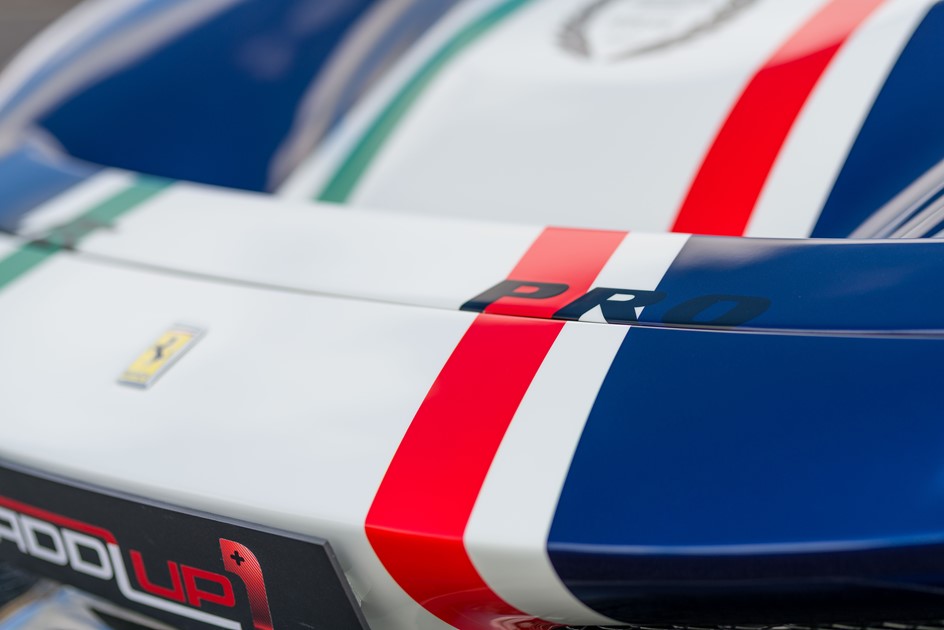 Detail shots of Italian stripes on the Ferrari 488 Pista Piloti
