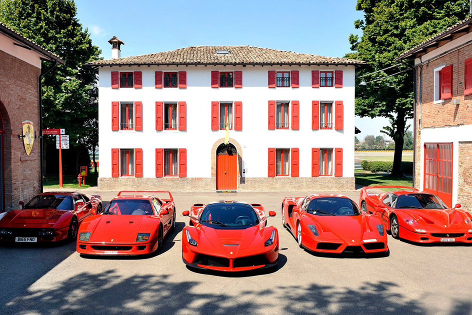 The Ferrari big five (288 GTO, F40, F50, Enzo and LaFerrari) outside Maranello 