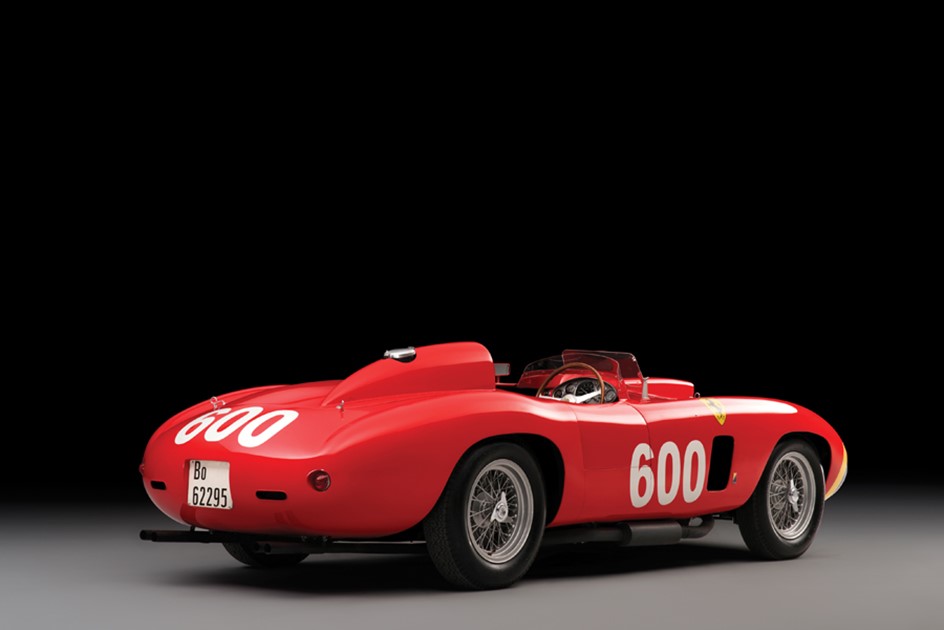 The rear of a red 1956 Ferrari 290Mm By Scaglietti